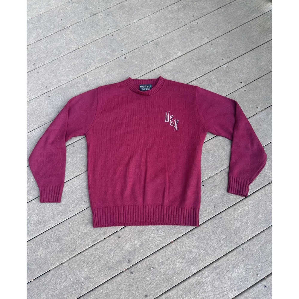 Pine State Sweater Mens Large Red Acrylic Monogram WEH Knit Crewneck Pullover‎